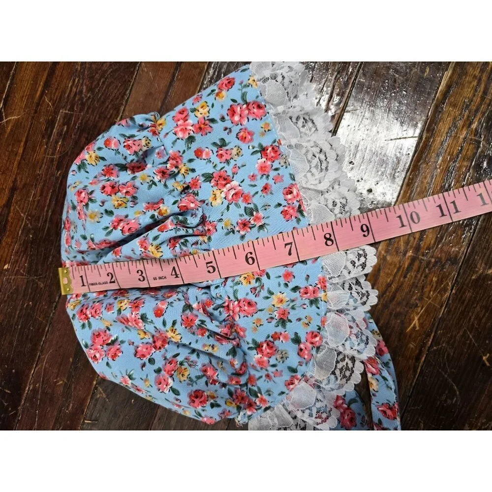 Vintage Blue Floral Lace Trim Baby Bonnet Heirloom Spring